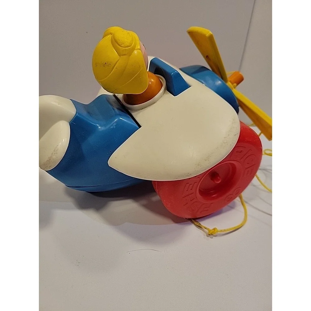 Vintage 1980s Fisher Price Plane Plastic Helicopter Airplane Pull Toy